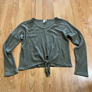 Paper Crane Top Womens Small Long Sleeve Waffle Knit Green Shirt Tie Front Crop